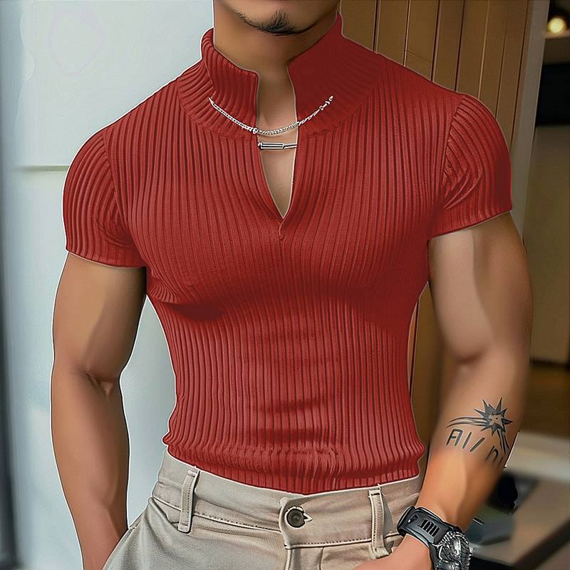 Women's Short-Sleeve Shirt with V-Neck and Textured Ribbed Pattern