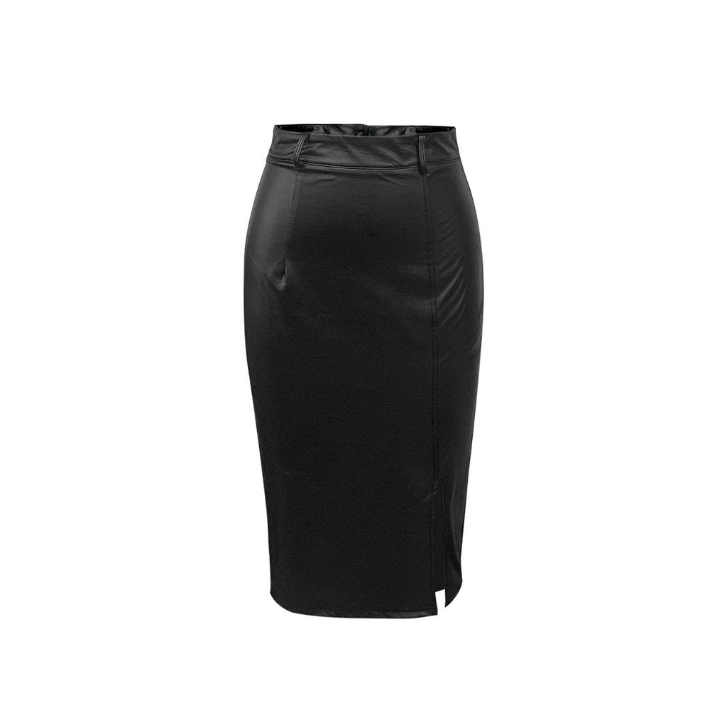 Women's Figure-Hugging Faux Leather Skirt with High Slit and Belt