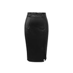 Women's Figure-Hugging Faux Leather Skirt with High Slit and Belt