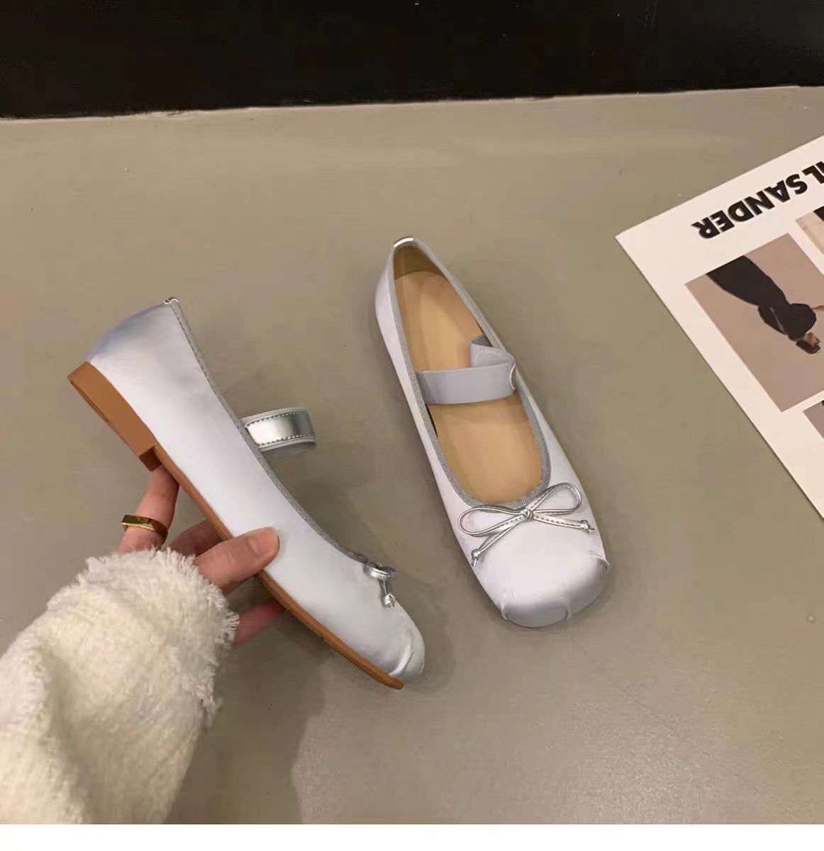 Women's Ballet Flats with Adjustable Strap and Elegant Bow Appliqué