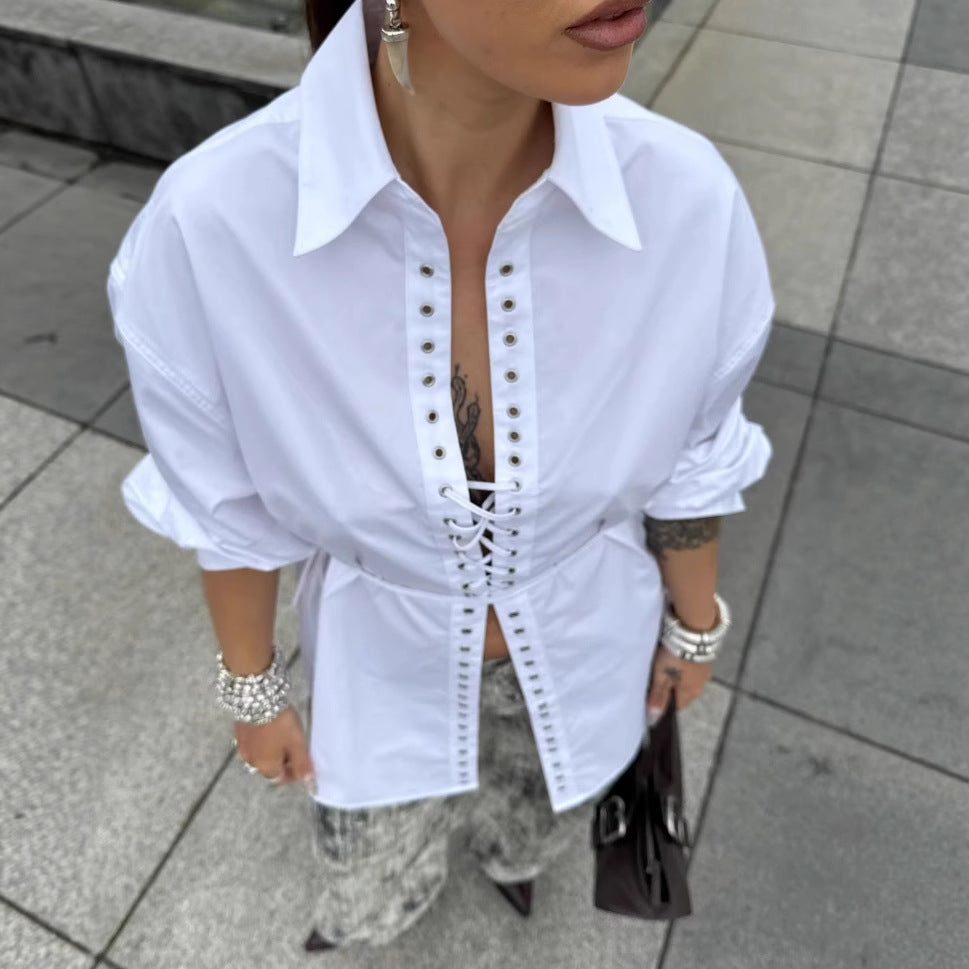 Blouse with Ruffle Design and Elegant Lacing