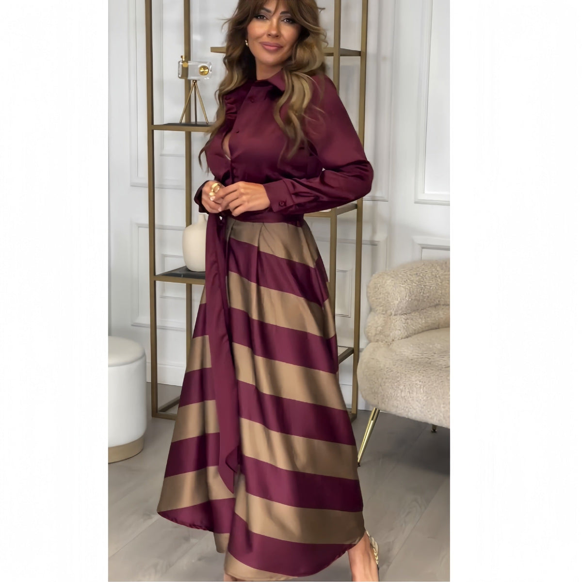 Women's Elegant Blouse and Skirt Ensemble with Side Tie Belt