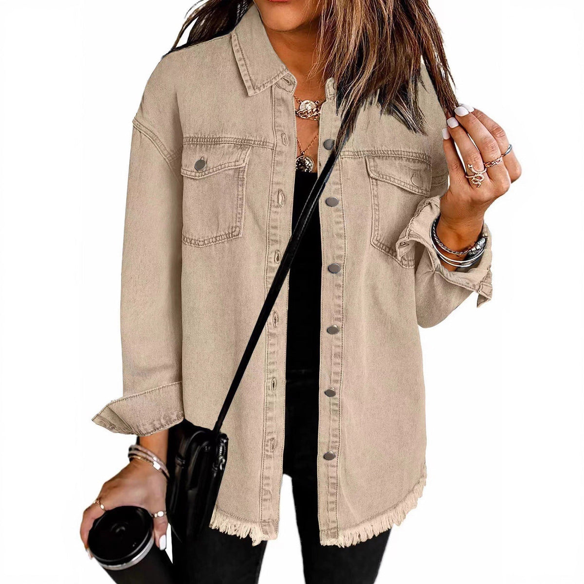 Women's Denim Overshirt with Frayed Hem