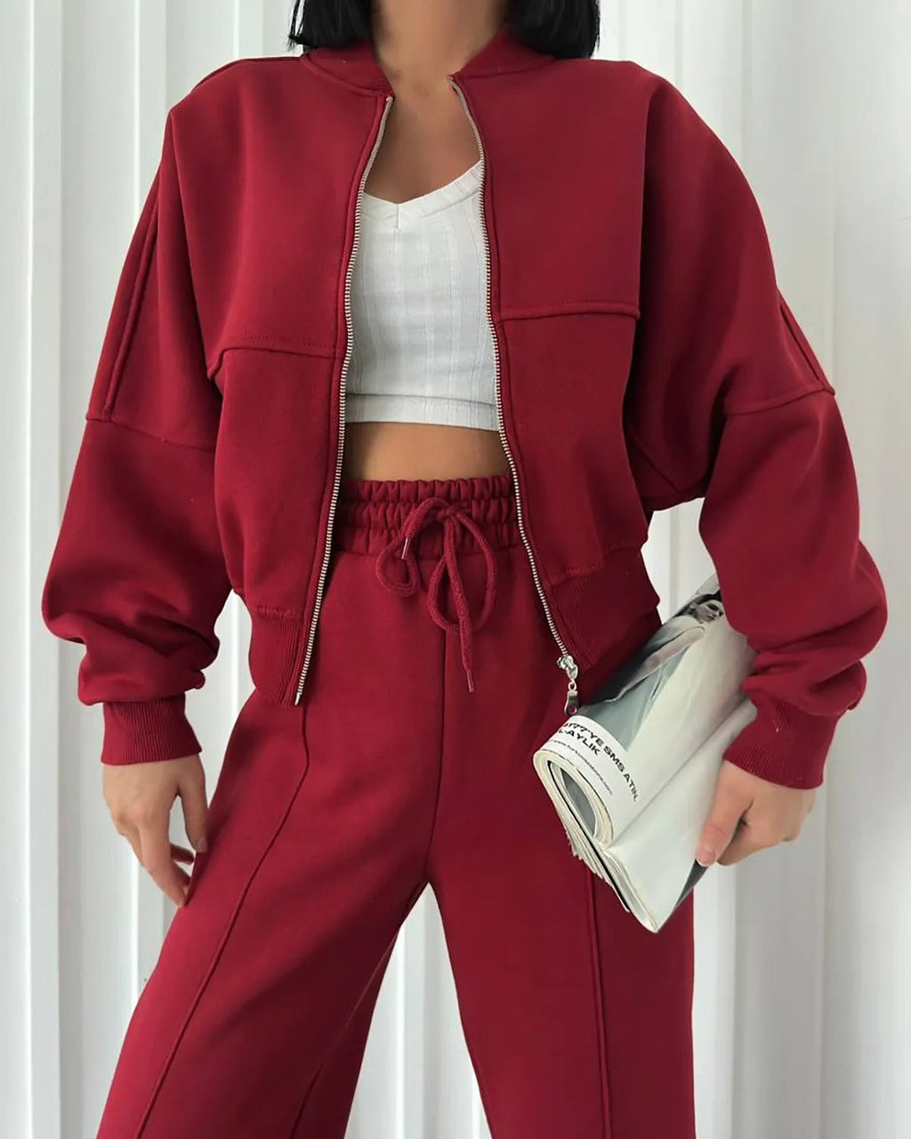 Women's Cozy Leisure Set with Zipper and Wide-Leg Pants