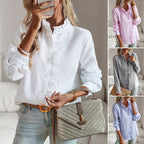 Women's Elegant Long-Sleeve Blouse with Ruffle Details and Button Placket