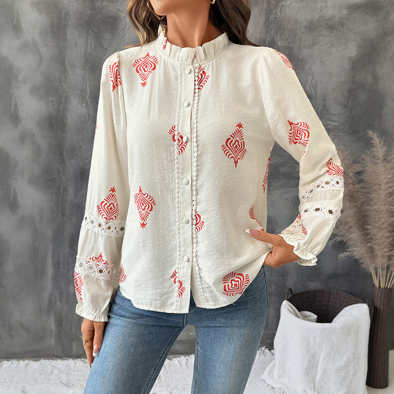 Women's Blouse Top with Embellished Puff Sleeves and Classic Stand-Up Collar