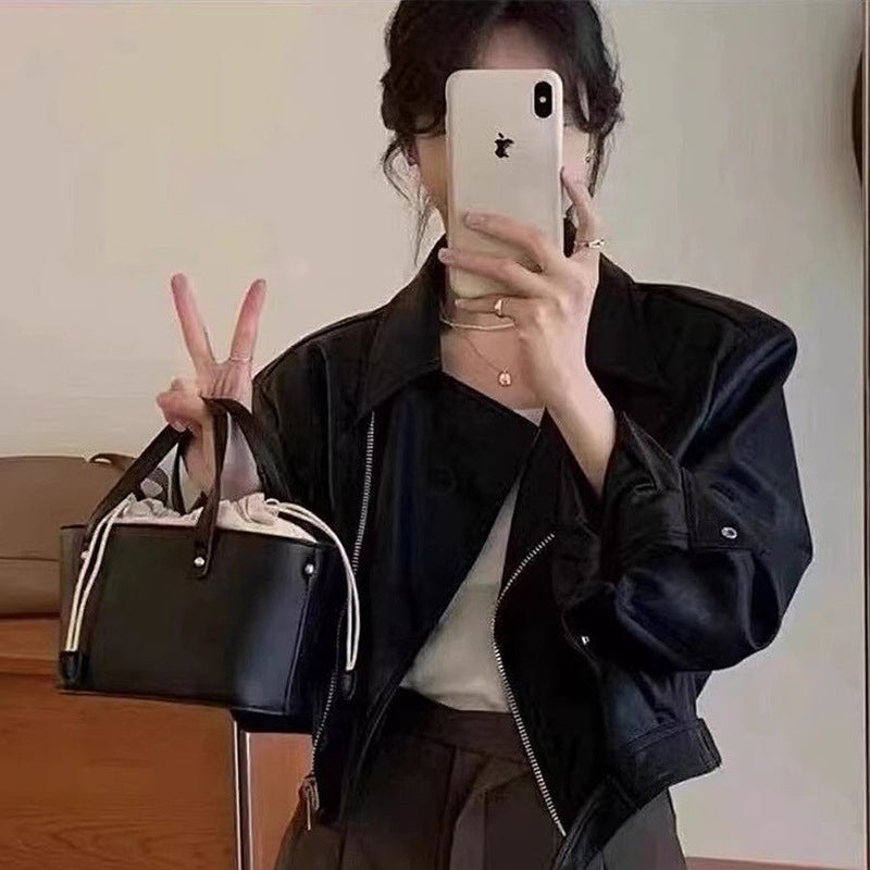 Women's Cropped Biker Jacket with Asymmetric Zipper