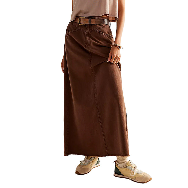 Women's Long Denim Skirt with High Waist and Pockets