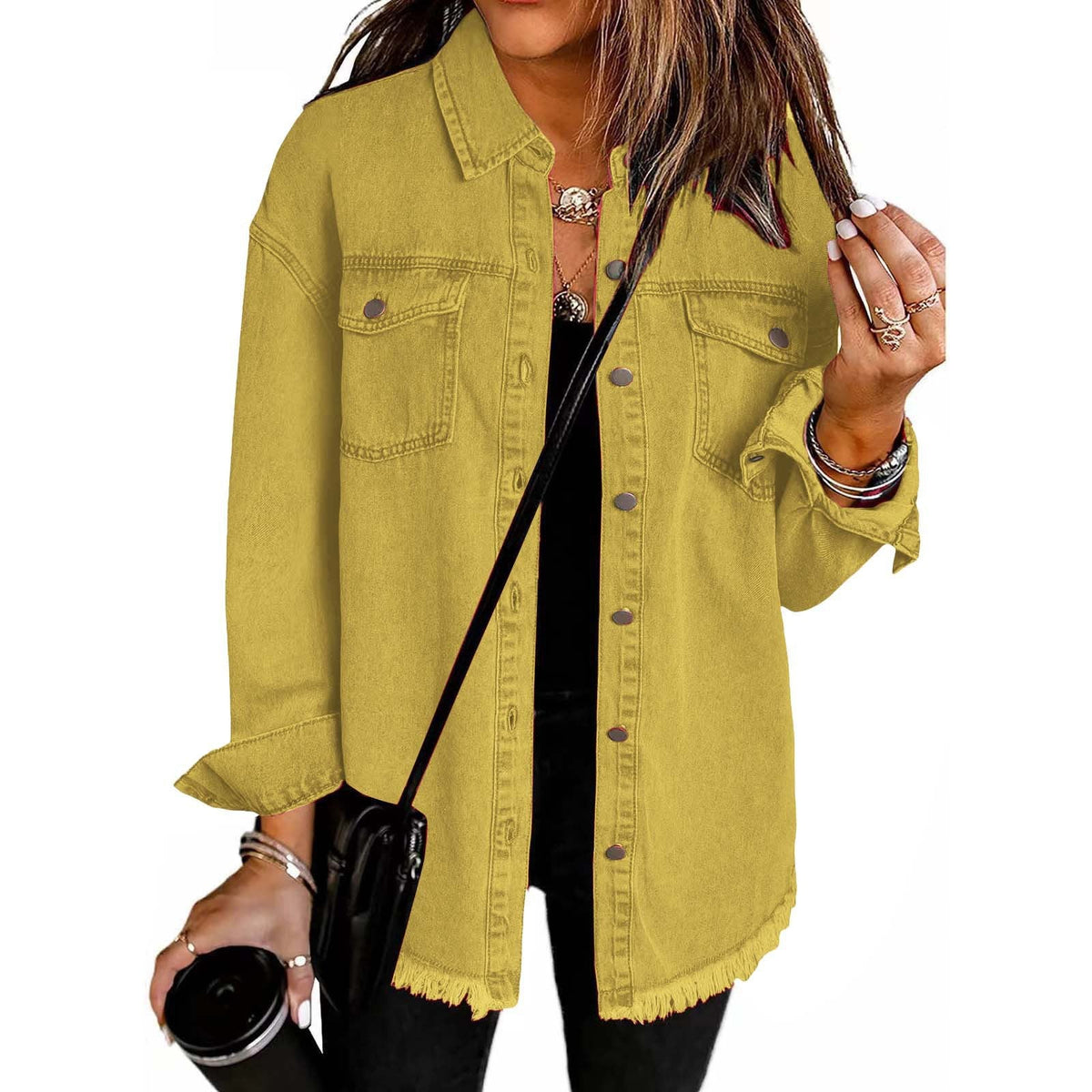 Casual Denim Shirt with Frayed Hems and Chest Pockets