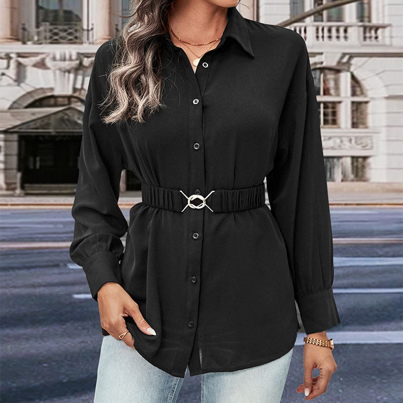 Women's Blouse with Adjustable Belt and Classic Button Design