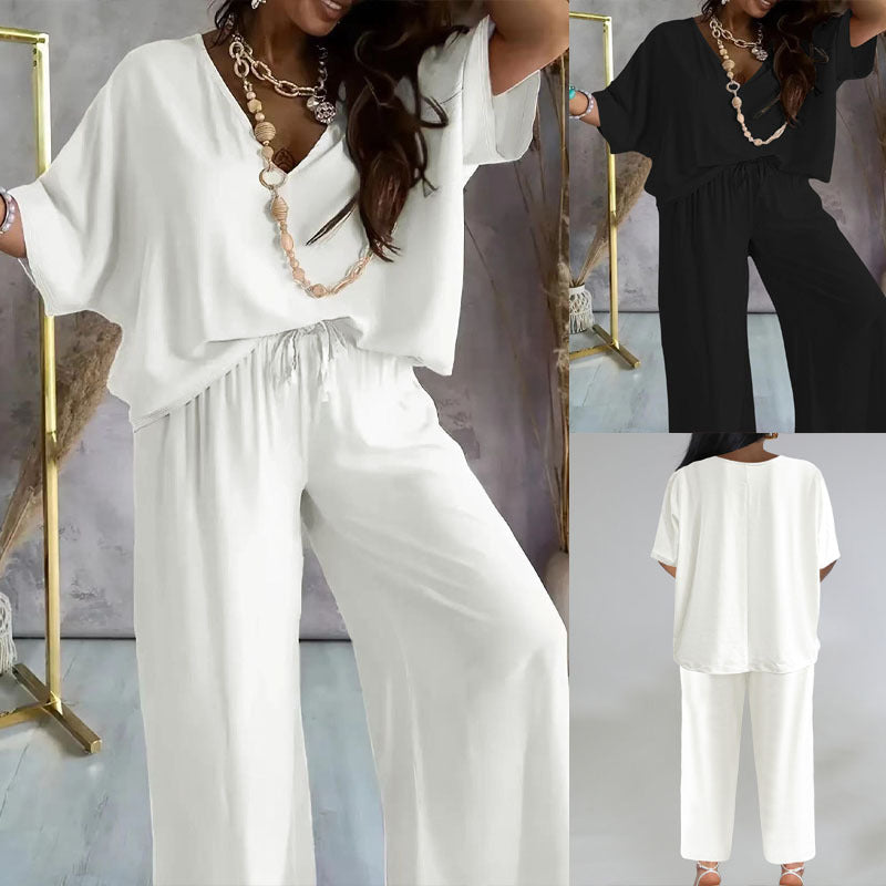 Women's Casual Two-Piece Set with Flowy Cut and Wrap Top