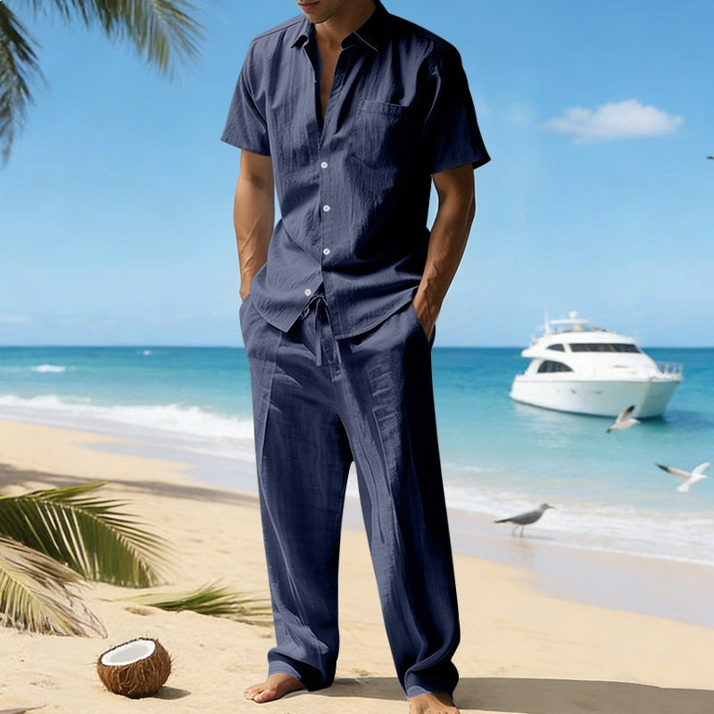 Men's resort-appropriate short-sleeve shirt with chest pocket and casual linen drawstring pants