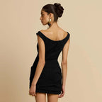 Elegant Off-Shoulder Mini Dress with Deep V-Neck and Gathered Hem