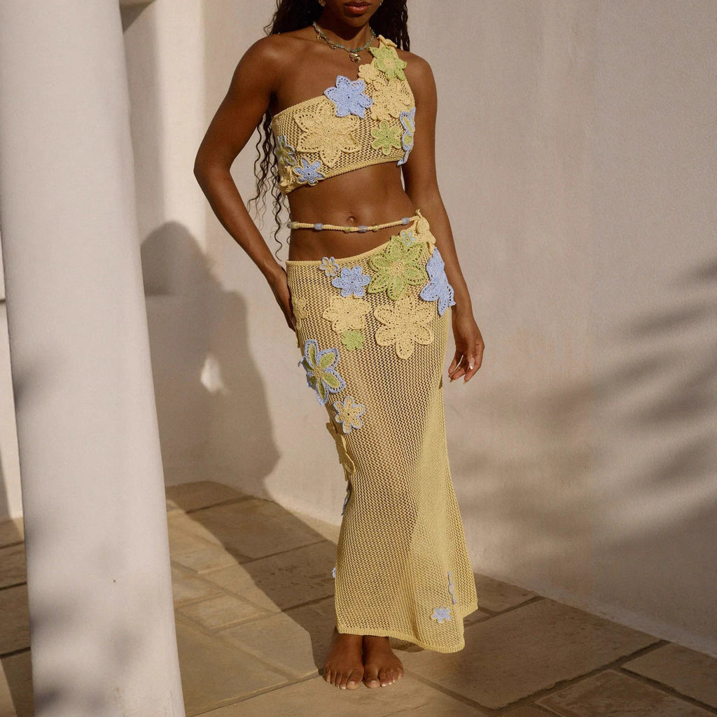 Women's Crochet Skirt with Floral Appliqués and Asymmetric Cut