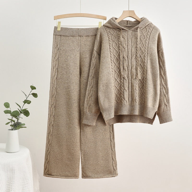 Women's Casual Knit Loungewear Set with Hood and Wide Legs