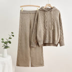 Women's Casual Knit Loungewear Set with Hood and Wide Legs
