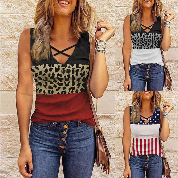 Women's Sleeveless Layered-Look Top with Animal Print