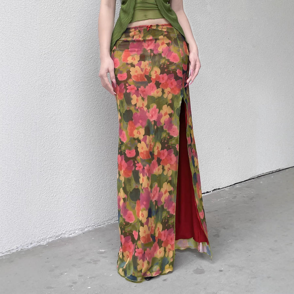 Women's Maxi Skirt with Floral Chiffon Design and Side Slit