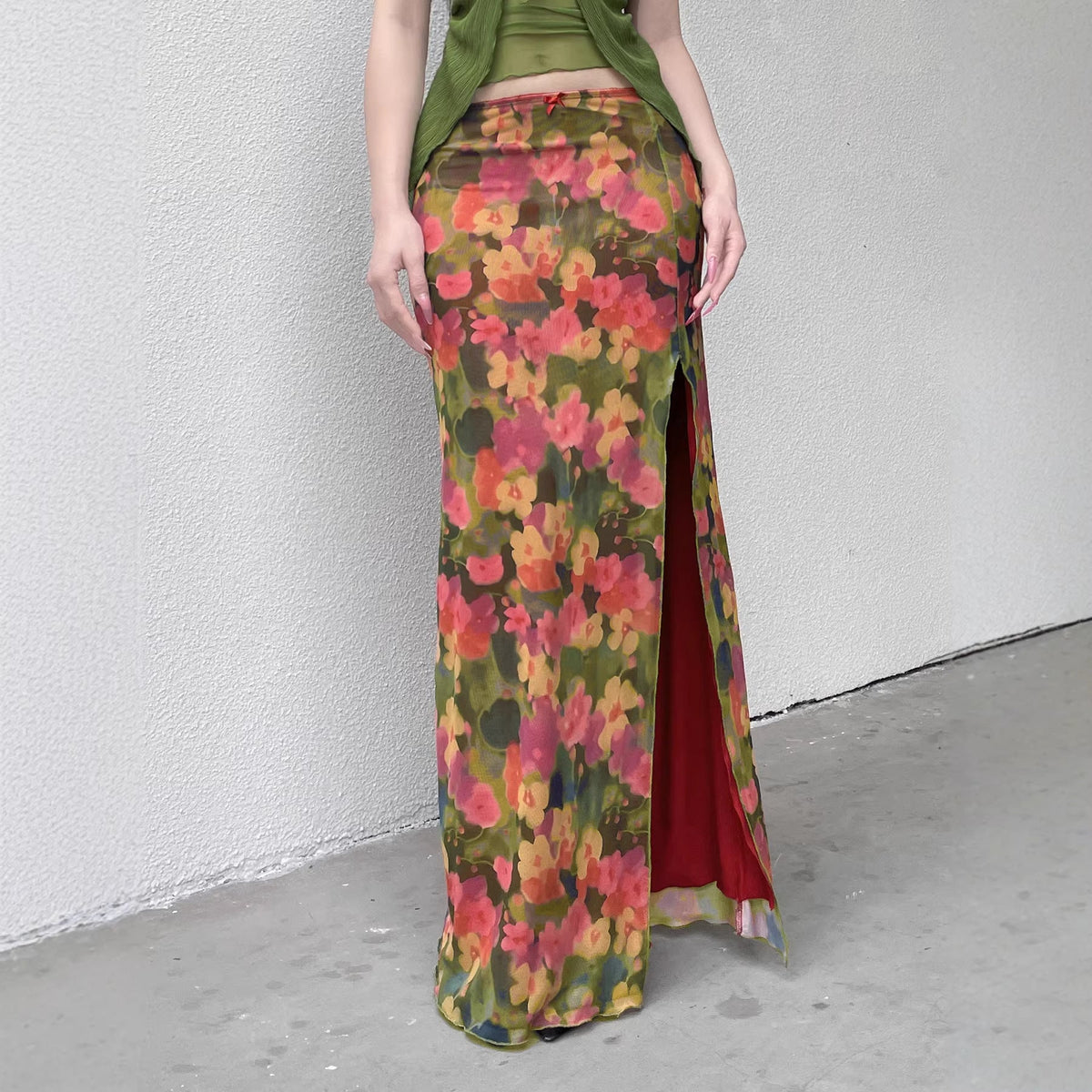 Women's Maxi Skirt with Floral Chiffon Design and Side Slit