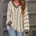 Women's Chunky Knit Sweater with V-Neck and Striped Pattern