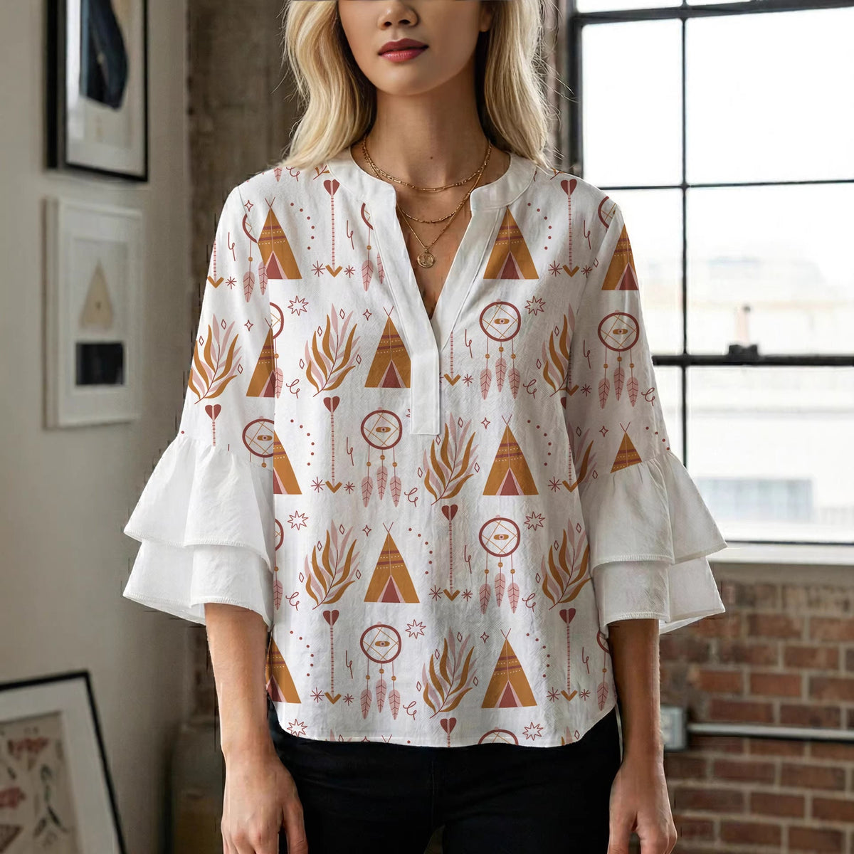 Women's Blouse with Voluminous Ruffle Sleeves and Modern Print