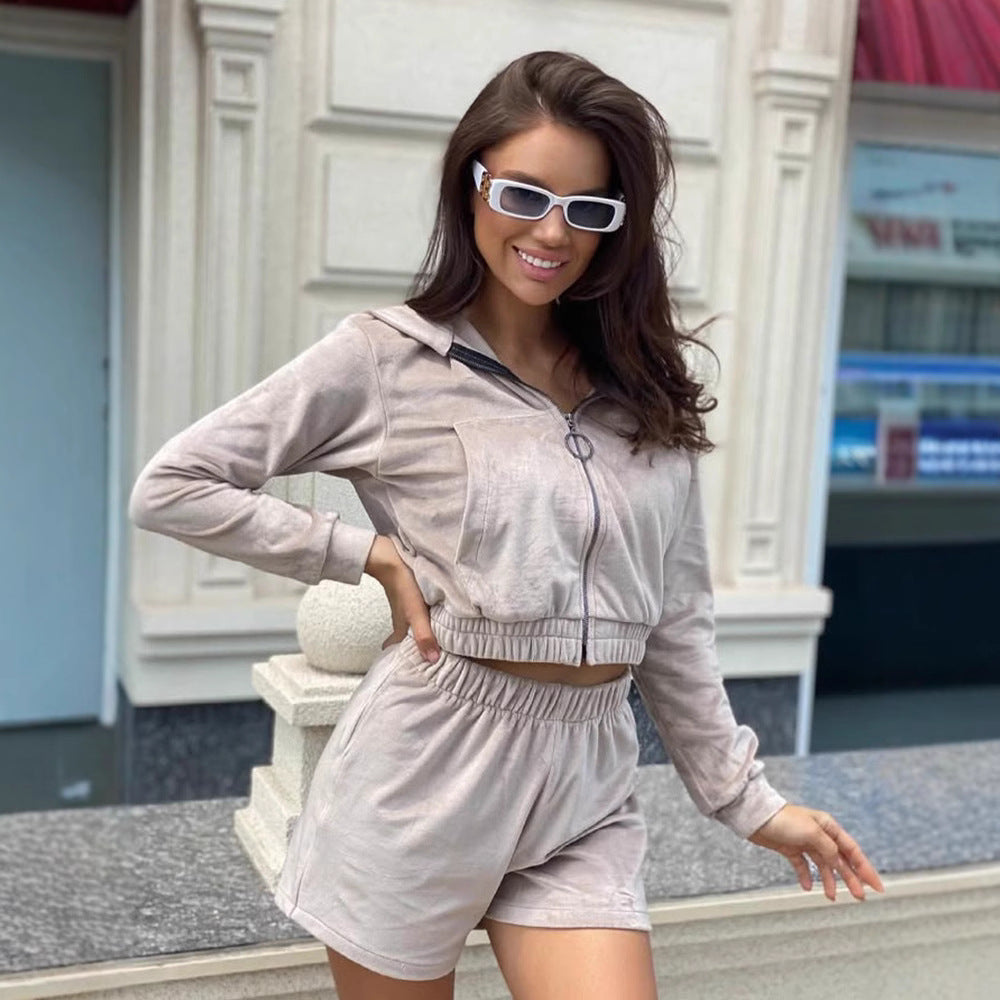 Women's Cropped Hoodie Set with Elastic Waistband
