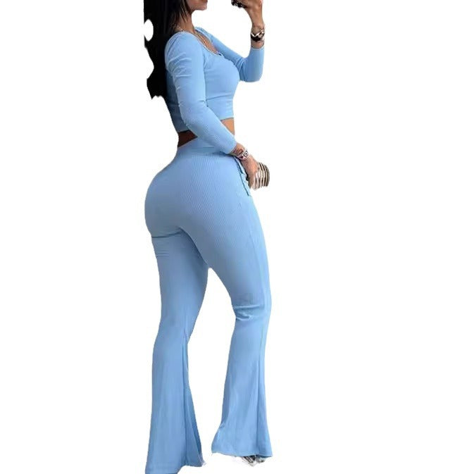 Women's Cropped Top and Flared Pants Set with Button Details