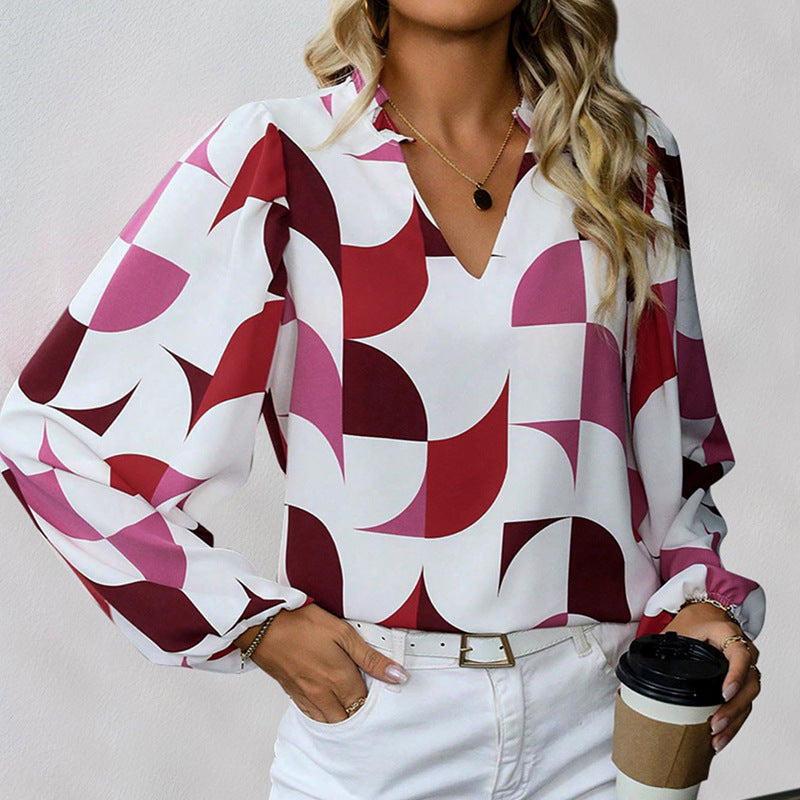 Women's Blouse with Fashionable V-Neck and Unique Pattern