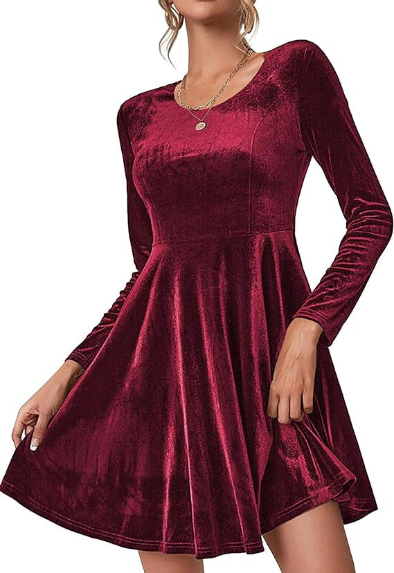 Women's Velvet A-Line Dress with Long Sleeves and Round Neck