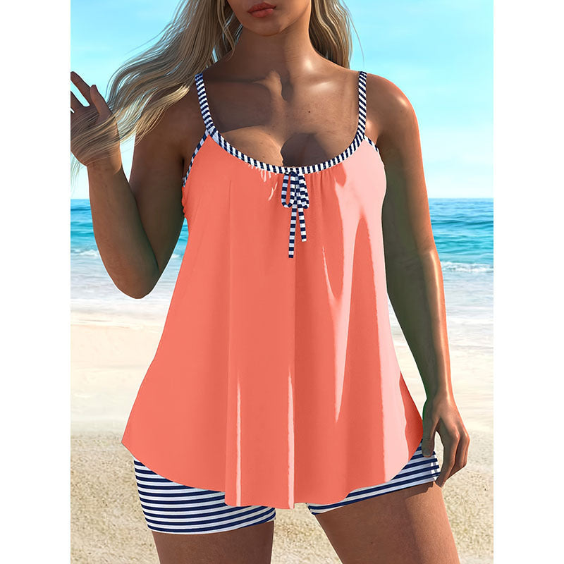 Women's Swim Top with Playful Design and Striped Shorts