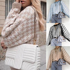 Women's Cozy Houndstooth Knit Sweater with Wide Sleeves