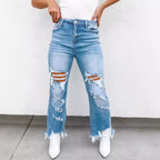 Women's High-Waisted Flared Jeans with Distressed Details