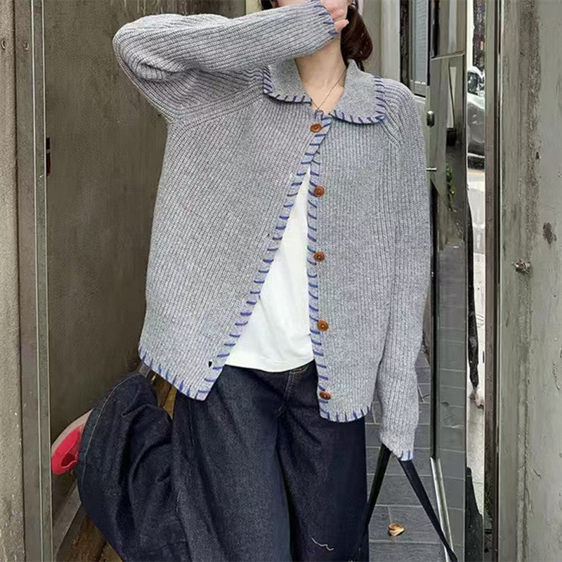 Women's Comfortable Knit Cardigan with Contrast Button Details and Large Collar