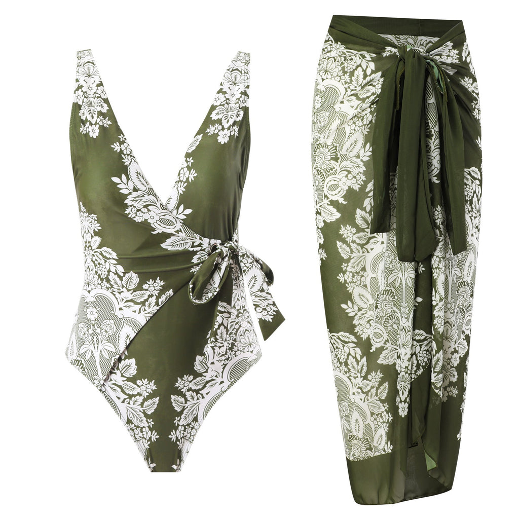Women's Swimsuit with Wrap Skirt and Floral Design