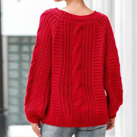 Women's Chunky Knit Sweater with Voluminous Sleeves and Cable Knit