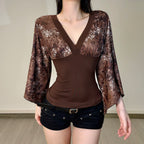 Women's Long-Sleeve Blouse with Voluminous Sleeves and Floral Print