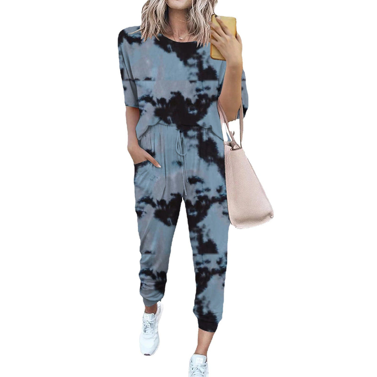 Women's Lightweight Casual Jumpsuit with Tie-Dye Pattern and Pockets