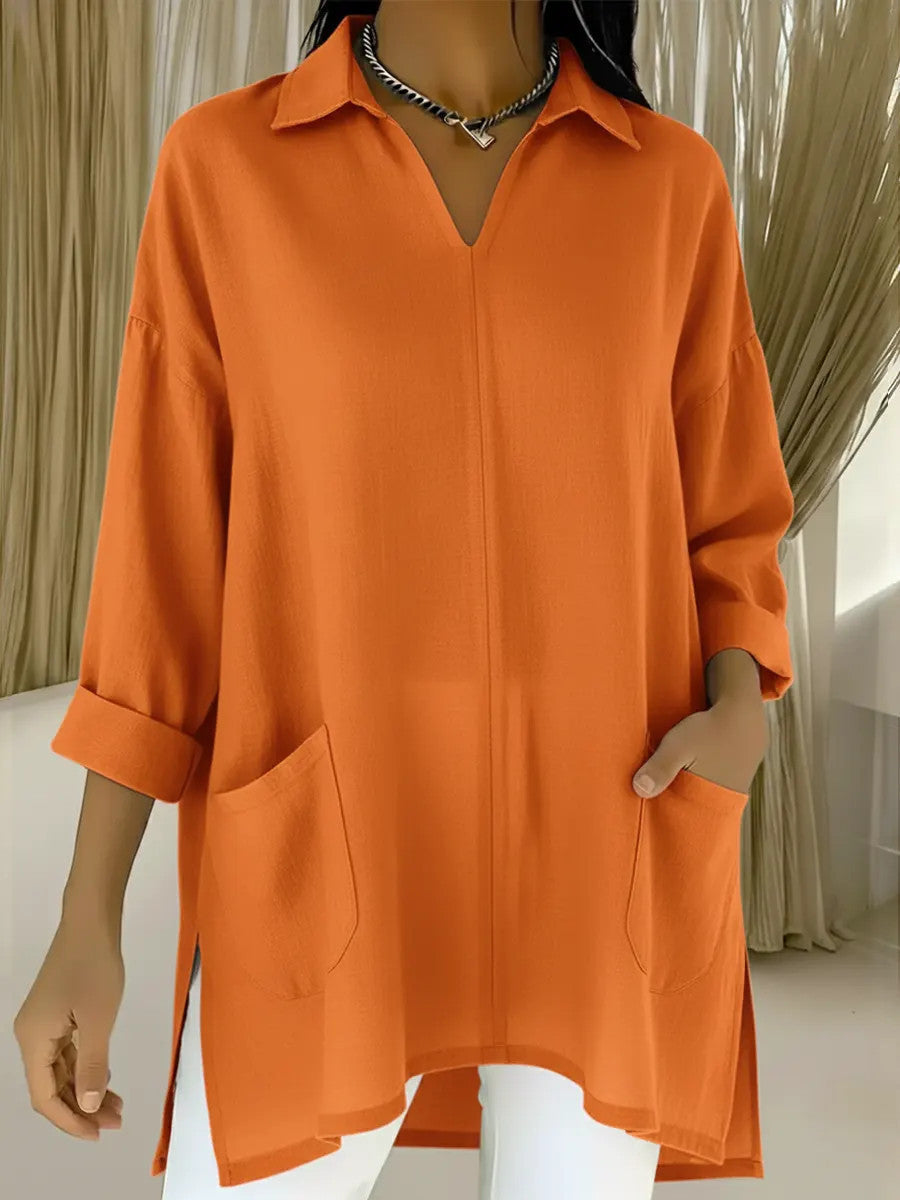 Women's Long-Sleeve Blouse with V-Neck and Pockets
