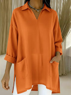 Women's Long-Sleeve Blouse with V-Neck and Pockets