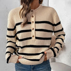Women's Striped Button-Front Textured Wool Sweater