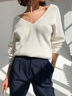 Elegant V-Neck Sweater with Fine Ribbed Texture and Drop Shoulders