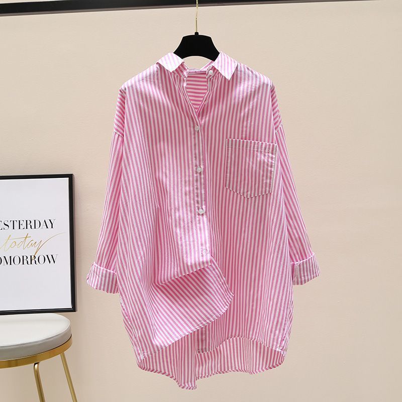 Women's Striped Oversized Shirt with Longer Back and Practical Chest Pocket