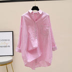 Women's Striped Oversized Shirt with Longer Back and Practical Chest Pocket