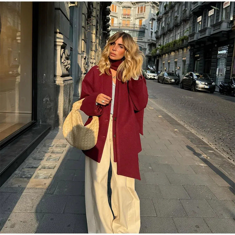 Women's Elegant Oversized Jacket with High Collar and Pockets