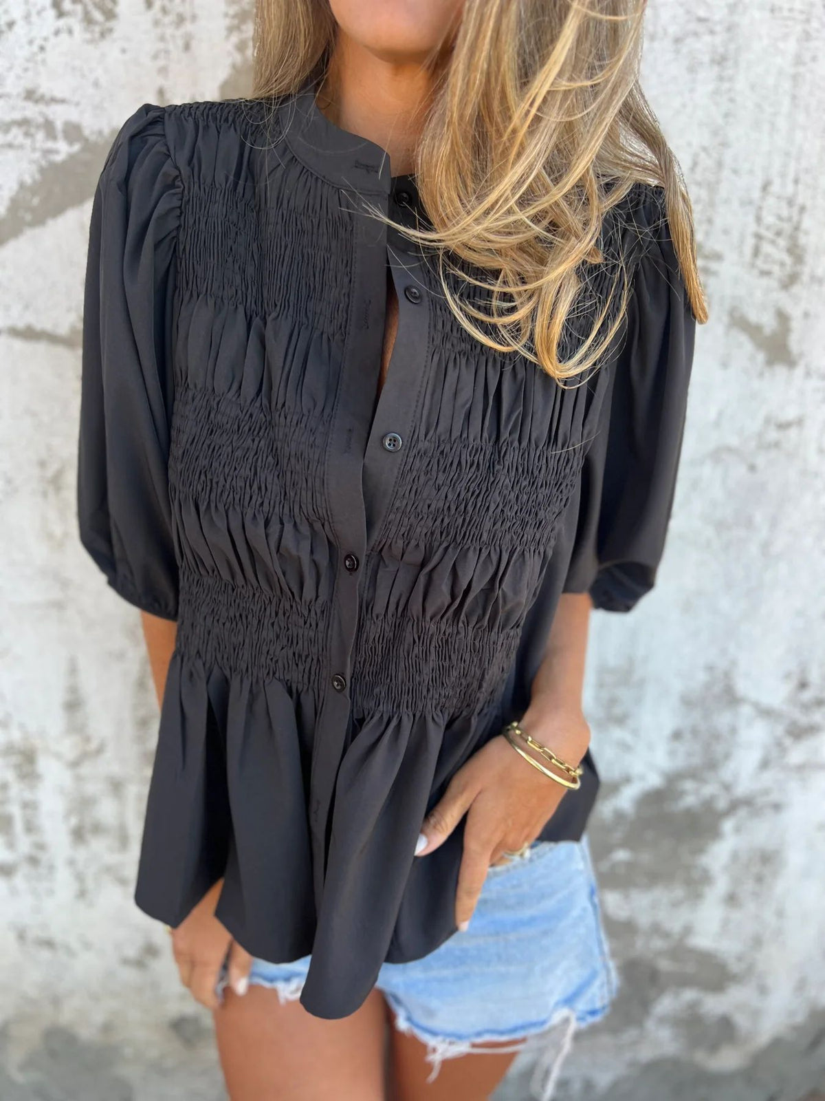 Women's Blouse with Ruching and Button Placket