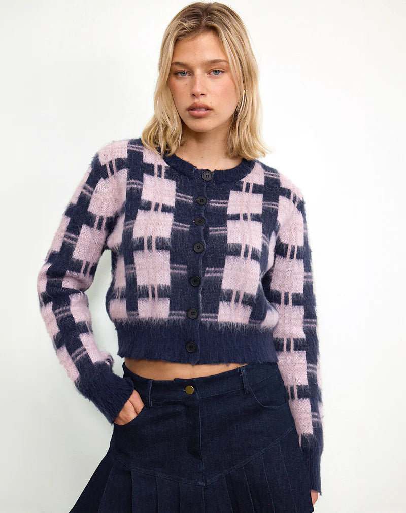 Women's Cropped Plaid Cardigan