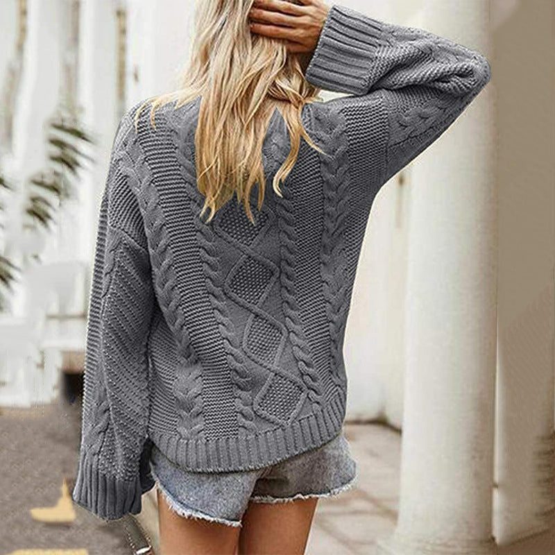 Women's Chunky Knit Sweater with Textured Stitching and High Collar