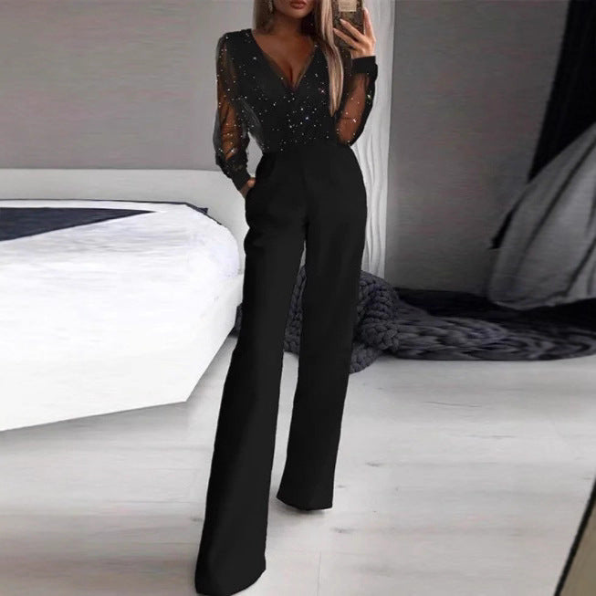 Women's Elegant Jumpsuit with Sheer Blouse and Shimmering Accents