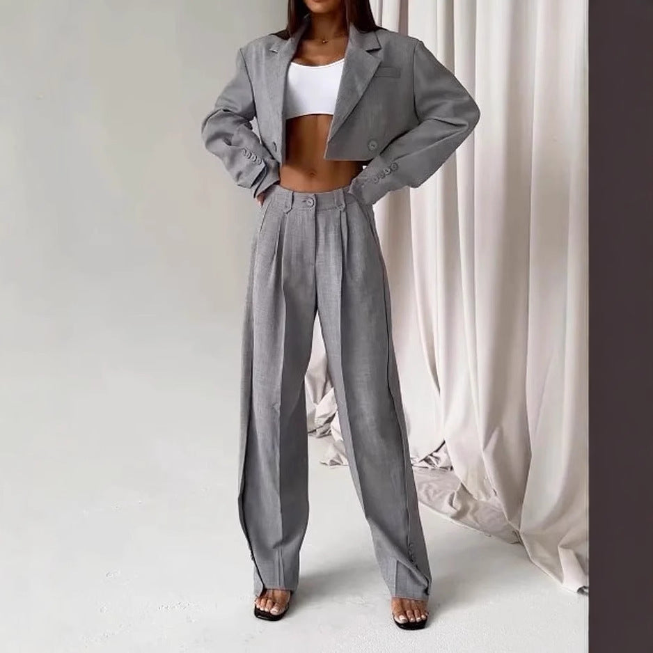 Women's Fashionable Two-Piece Suit with Cropped Blazer and Wide Waistband