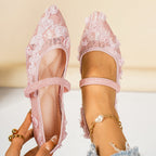 Women's Ballet Flats with Floral Lace Design and Elastic Strap